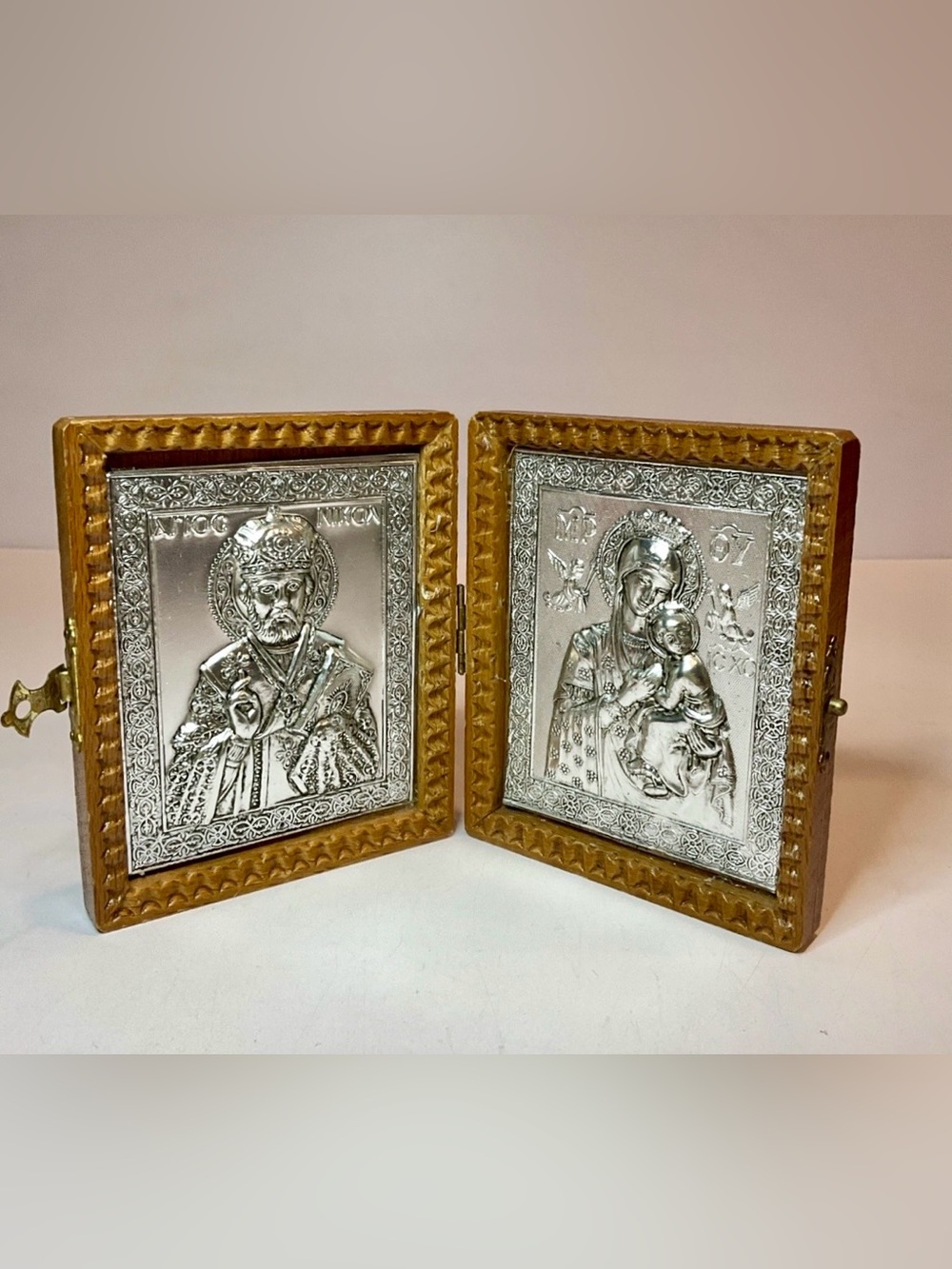 Greek Orthodox Wooden Diptych Icon St Nicholas Virgin Mary Jesus Silver Tone
